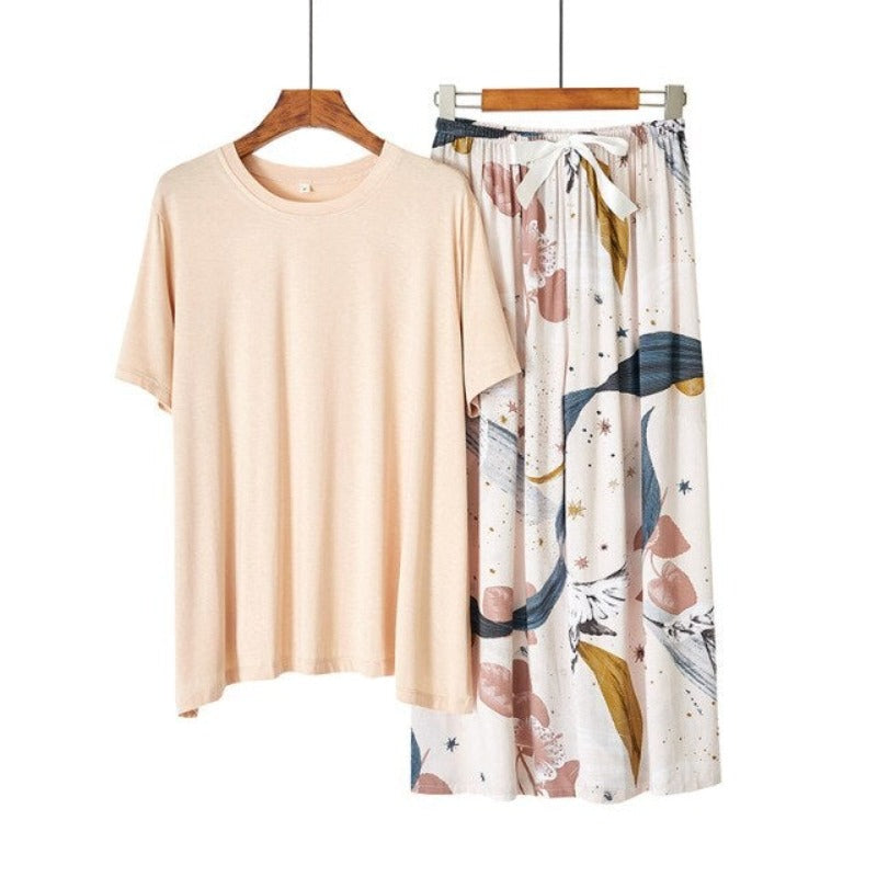 The Solid Top Floral Bottoms Original Pajamas-Original Pajamas