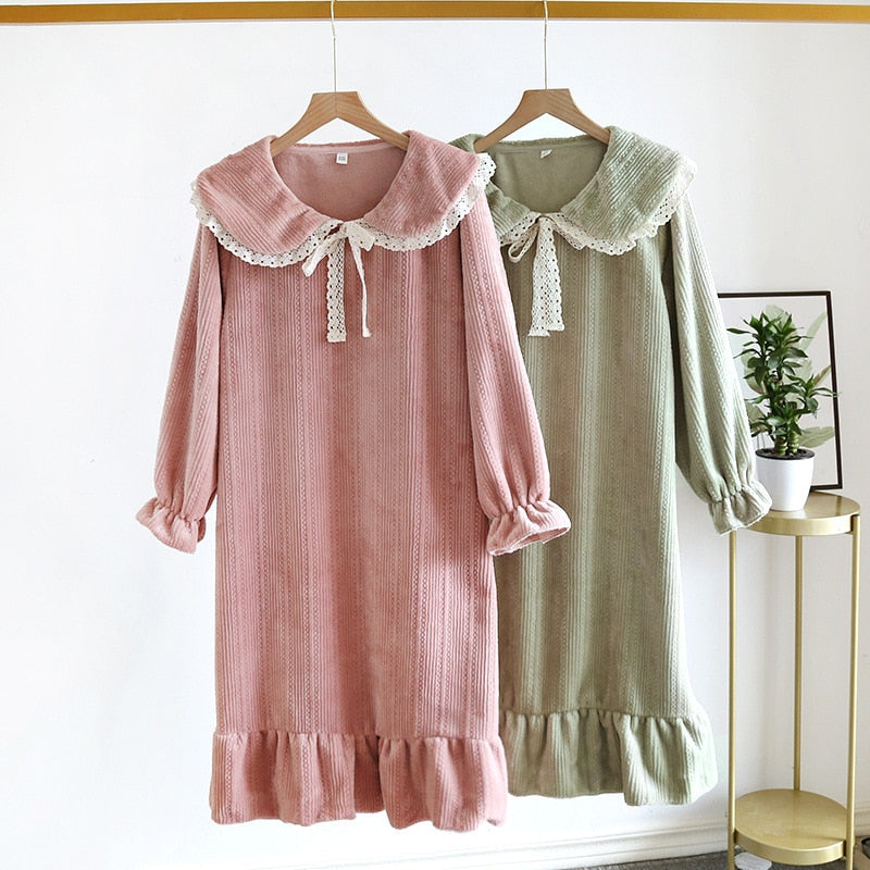 The Ruffled Long Laced Solid Original Pajamas-Original Pajamas