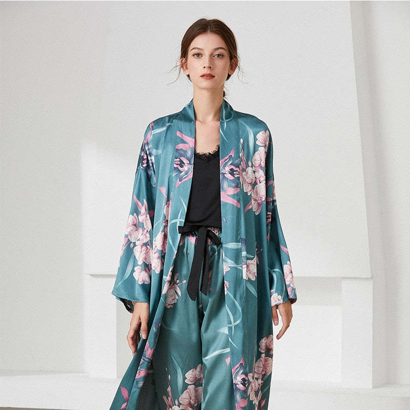 The Floral Printed Long Robe Original Pajamas 3 Piece Sleepwear-Original Pajamas
