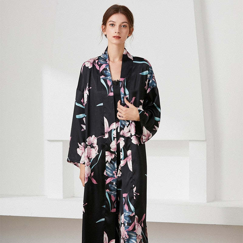 The Floral Printed Long Robe Original Pajamas 3 Piece Sleepwear-Original Pajamas
