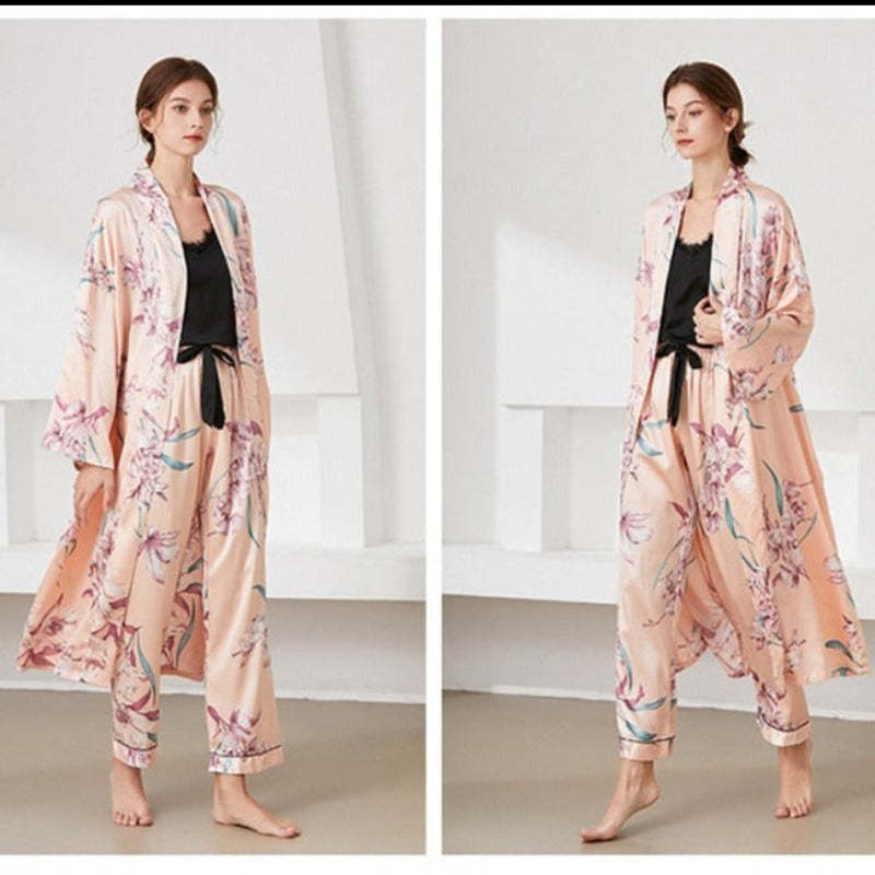 The Floral Printed Long Robe Original Pajamas 3 Piece Sleepwear-Original Pajamas