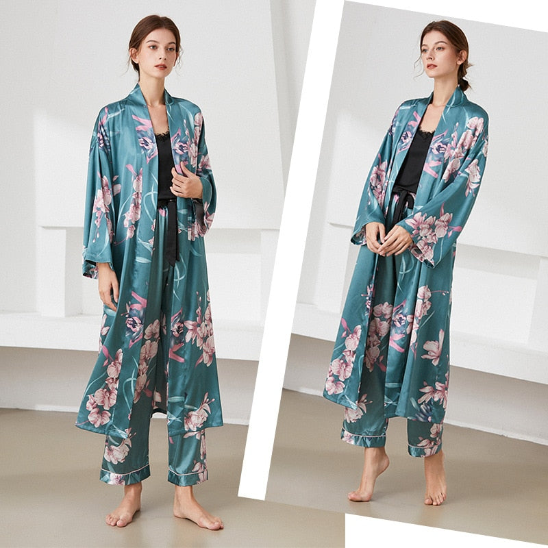 The Floral Printed Long Robe Original Pajamas 3 Piece Sleepwear-Original Pajamas