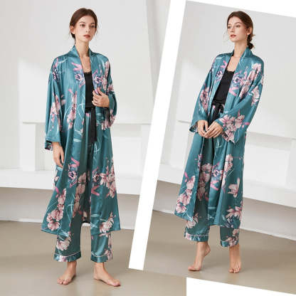 The Floral Printed Long Robe Original Pajamas 3 Piece Sleepwear-Original Pajamas