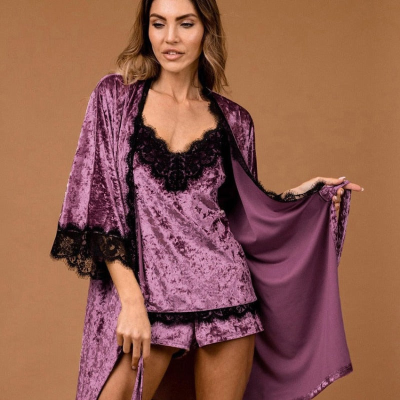 The Velvet Laced Short Pajama Set 3 Piece Pj Set Women-Original Pajamas