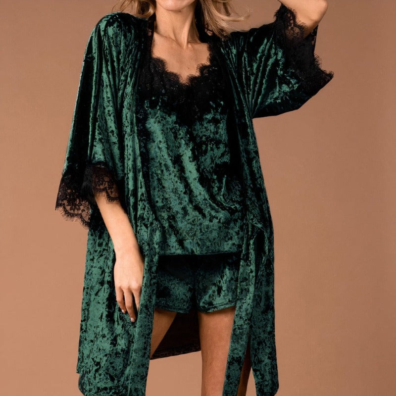 The Velvet Laced Short Pajama Set 3 Piece Pj Set Women-Original Pajamas