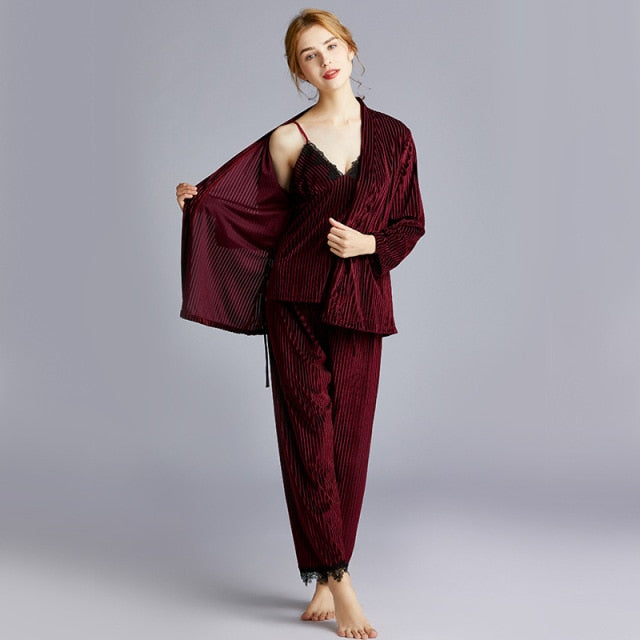 Velvet Velour 3 Piece Pajama Set Robe Sets Casual Home-Original Pajamas