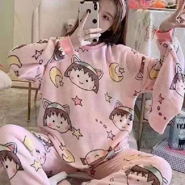 Warm Flannel 2 Piece Pajama Set Elastic Waist-Original Pajamas