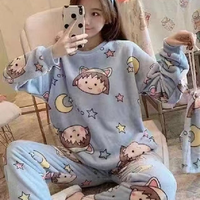 Warm Flannel 2 Piece Pajama Set Elastic Waist-Original Pajamas