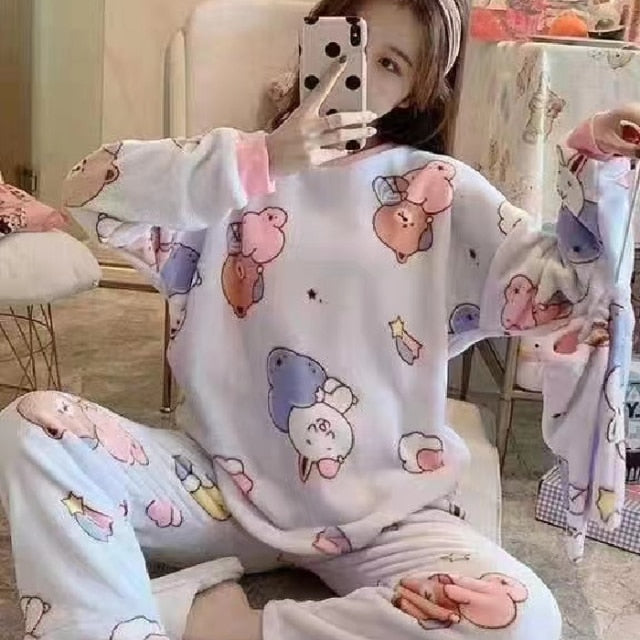 Warm Flannel 2 Piece Pajama Set Elastic Waist-Original Pajamas