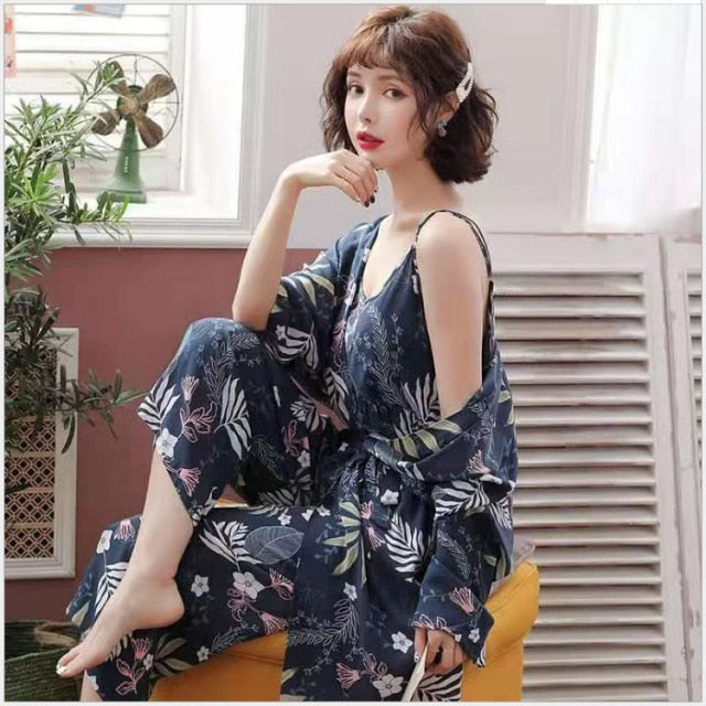 3 Piece Pajamas Floral Printed Autumn Robe Sleep Wear-Original Pajamas