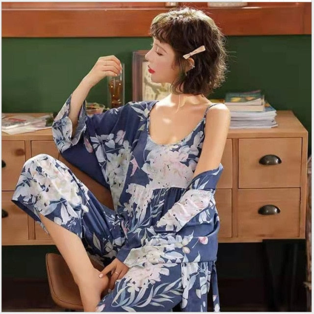 3 Piece Pajamas Floral Printed Autumn Robe Sleep Wear-Original Pajamas