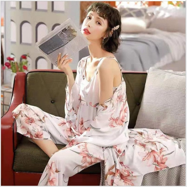 3 Piece Pajamas Floral Printed Autumn Robe Sleep Wear-Original Pajamas