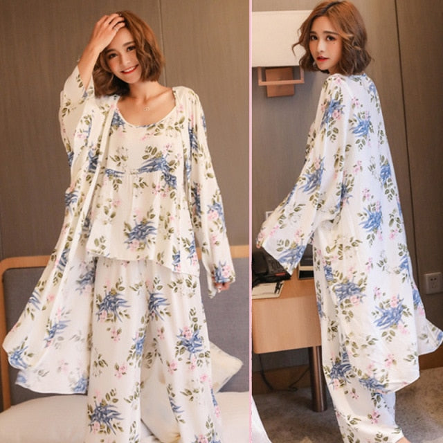 3 Piece Pajamas Floral Printed Autumn Robe Sleep Wear-Original Pajamas