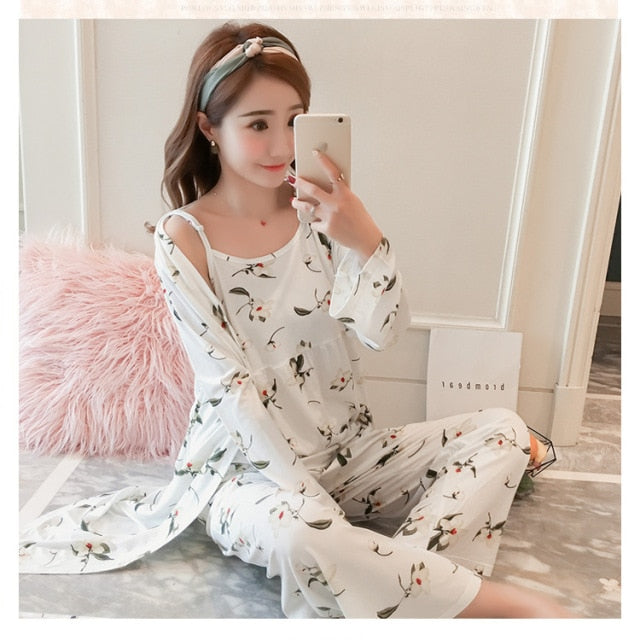 3 Piece Pajamas Floral Printed Autumn Robe Sleep Wear-Original Pajamas