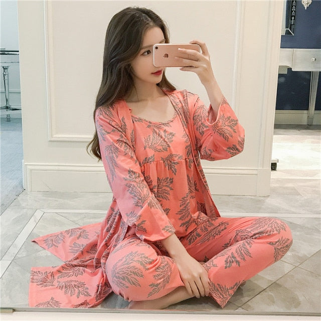 3 Piece Pajamas Floral Printed Autumn Robe Sleep Wear-Original Pajamas