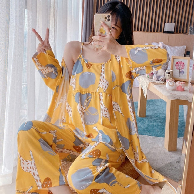 3 Piece Pajamas Floral Printed Autumn Robe Sleep Wear-Original Pajamas
