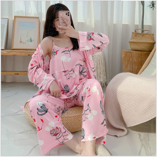 3 Piece Pajamas Floral Printed Autumn Robe Sleep Wear-Original Pajamas