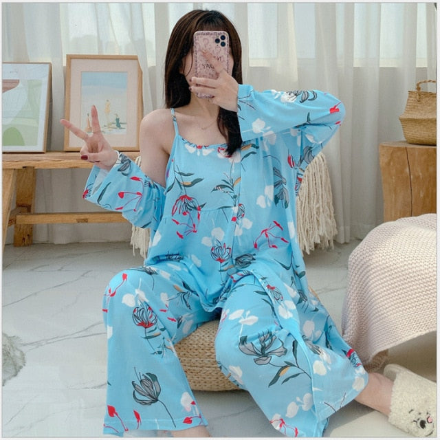 3 Piece Pajamas Floral Printed Autumn Robe Sleep Wear-Original Pajamas