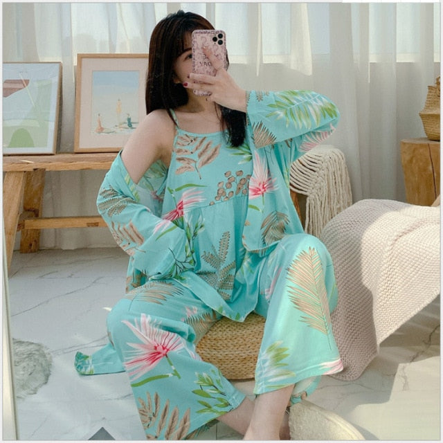 3 Piece Pajamas Floral Printed Autumn Robe Sleep Wear-Original Pajamas