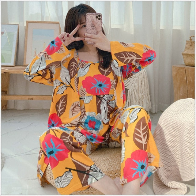 3 Piece Pajamas Floral Printed Autumn Robe Sleep Wear-Original Pajamas