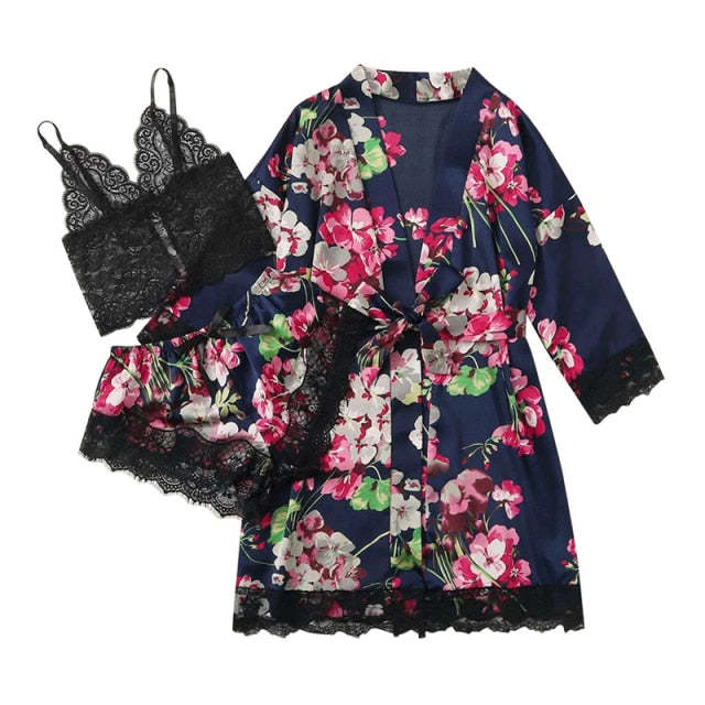 Viscose Floral 3 Piece Pajamas Homesuit Summer And Spring-Original Pajamas