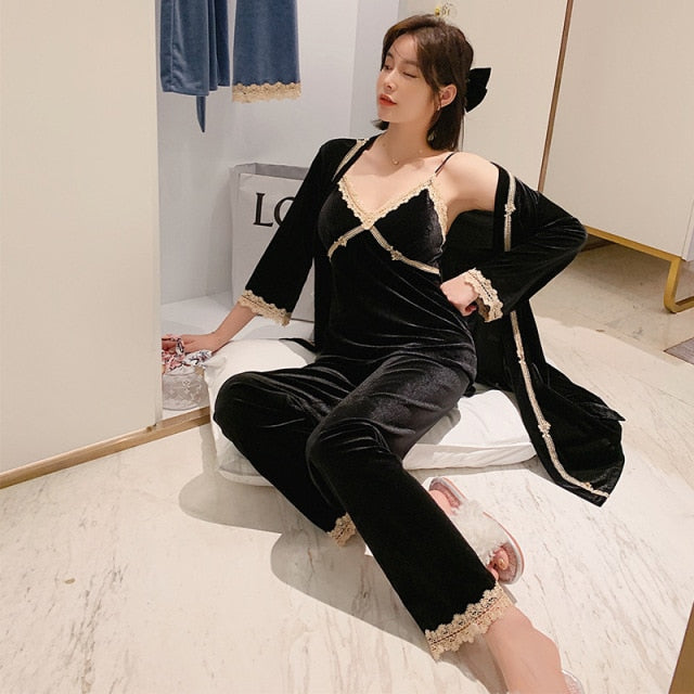 3 Piece Pajamas Velvet Set Ladies Fashion Homewear-Original Pajamas