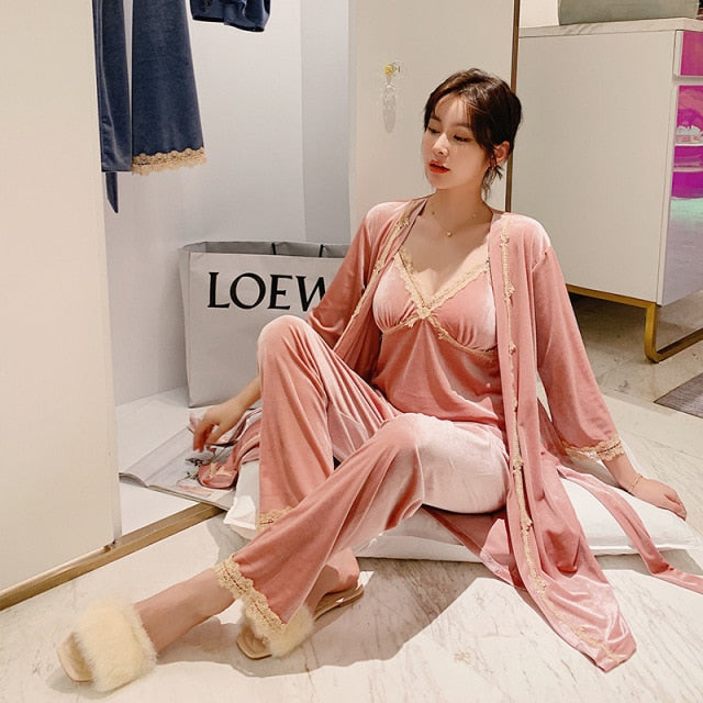 3 Piece Pajamas Velvet Set Ladies Fashion Homewear-Original Pajamas