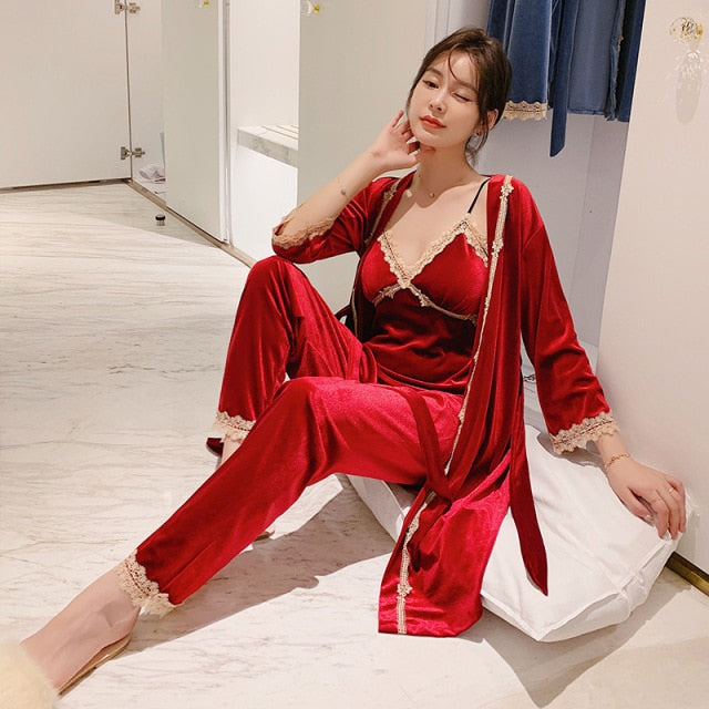 3 Piece Pajamas Velvet Set Ladies Fashion Homewear-Original Pajamas