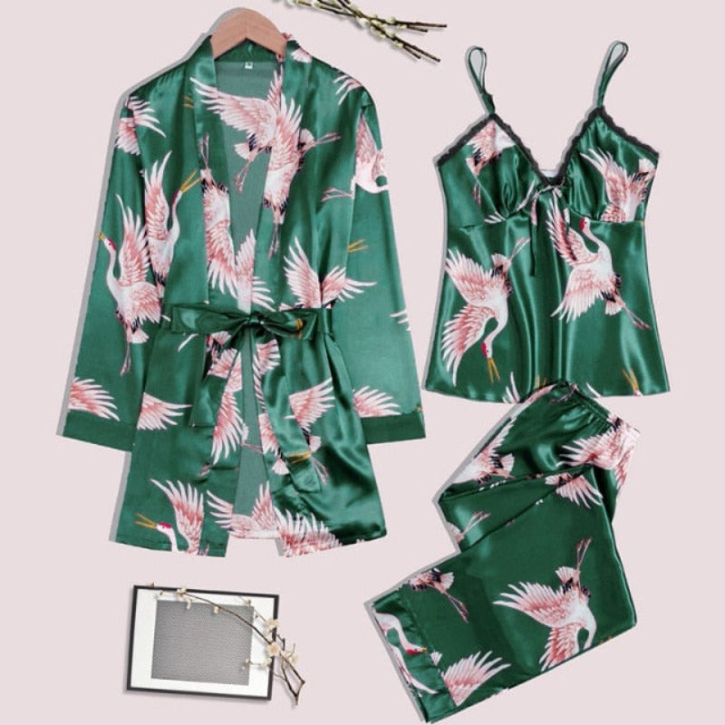 The Solid Printed Silk 3 Piece Pajama Set-Original Pajamas