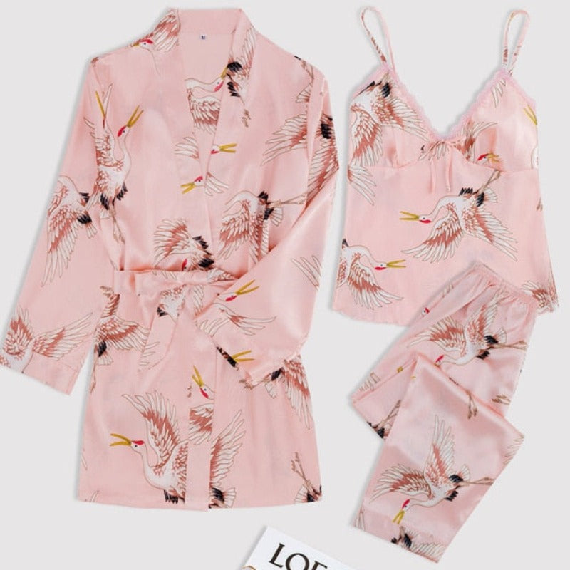 The Solid Printed Silk 3 Piece Pajama Set-Original Pajamas