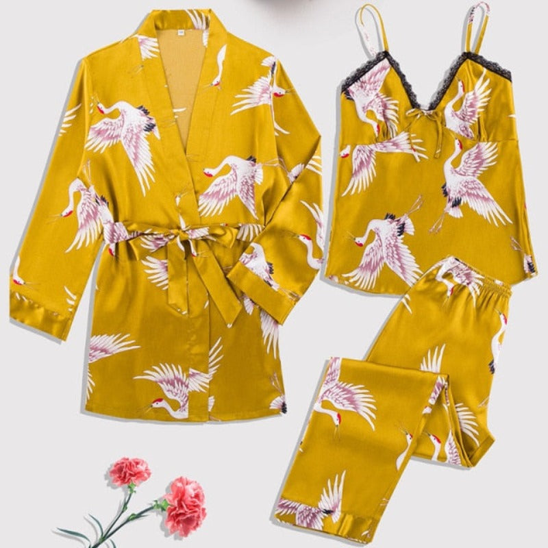 The Solid Printed Silk 3 Piece Pajama Set-Original Pajamas