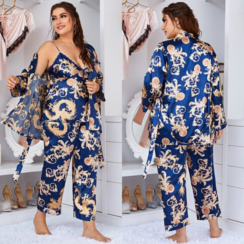 The Solid Printed Silk 3 Piece Pajama Set-Original Pajamas