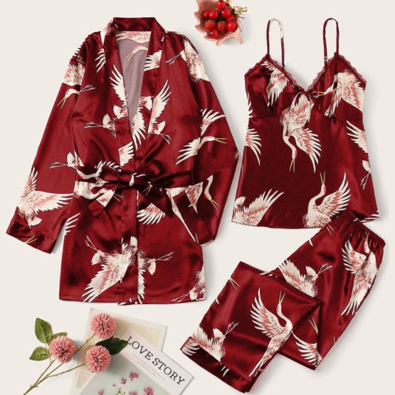 The Solid Printed Silk 3 Piece Pajama Set-Original Pajamas