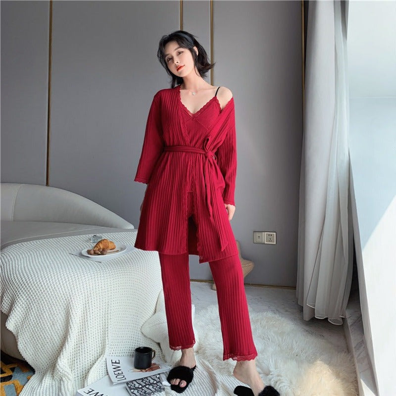 The Three Piece Ribbed Lounge Original Pajamas Set-Original Pajamas