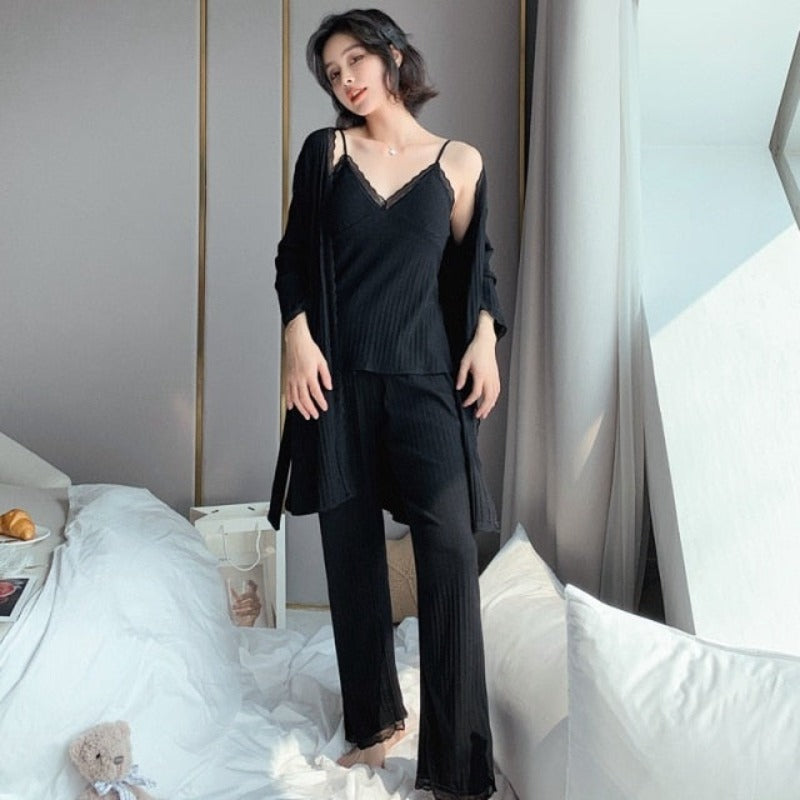 The Three Piece Ribbed Lounge Original Pajamas Set-Original Pajamas