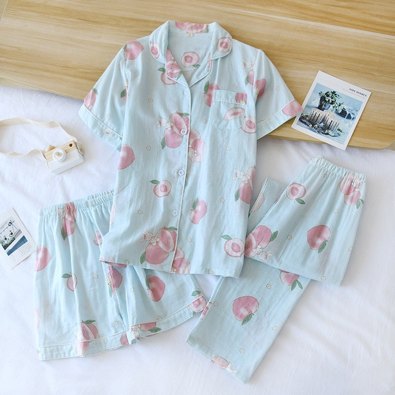 The Cartoon Fruit Print 3 Piece Vibrant Women Pajama Set-Original Pajamas