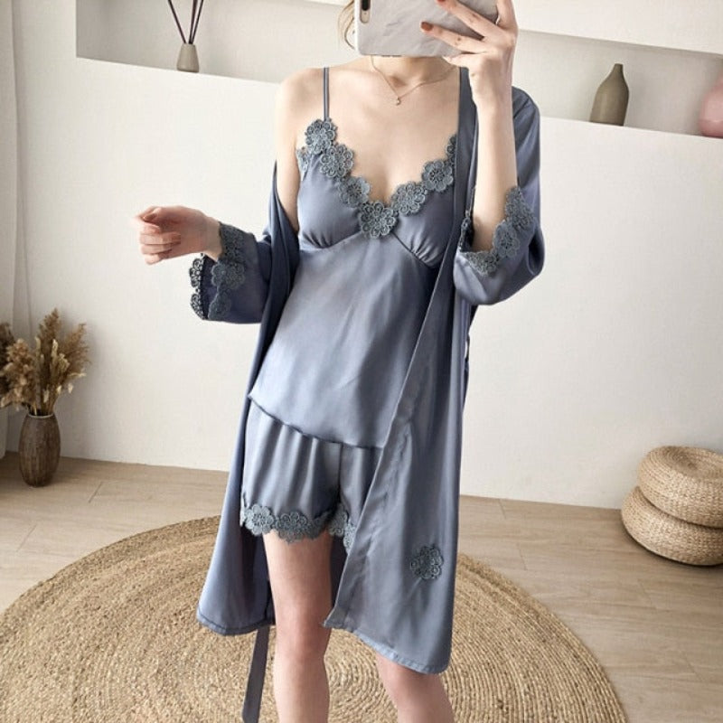 The Lace 3 Piece Pajama Set With Robe For Women-Original Pajamas