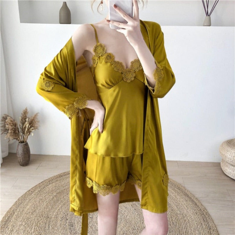 The Lace 3 Piece Pajama Set With Robe For Women-Original Pajamas