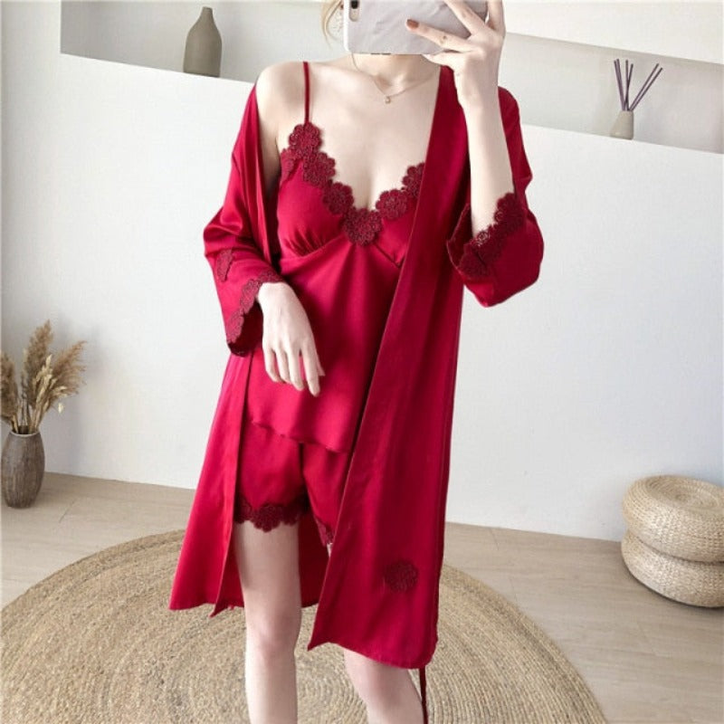 The Lace 3 Piece Pajama Set With Robe For Women-Original Pajamas