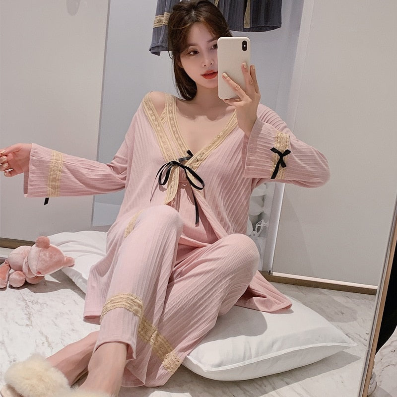 3 Piece Cotton Pajamas Suit Women Sleepwear-Original Pajamas