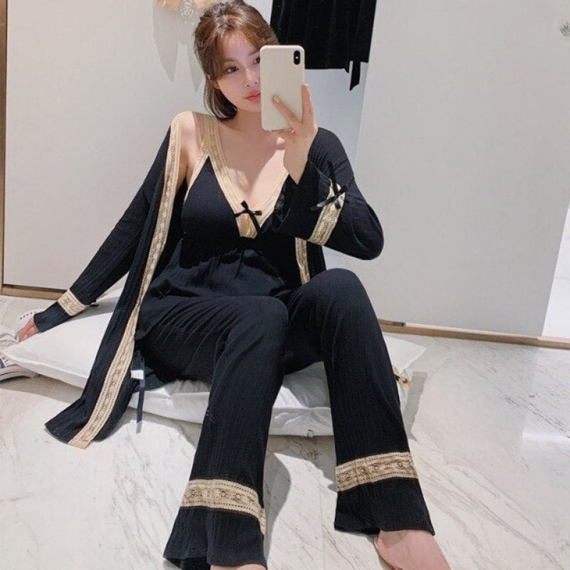 3 Piece Cotton Pajamas Suit Women Sleepwear-Original Pajamas