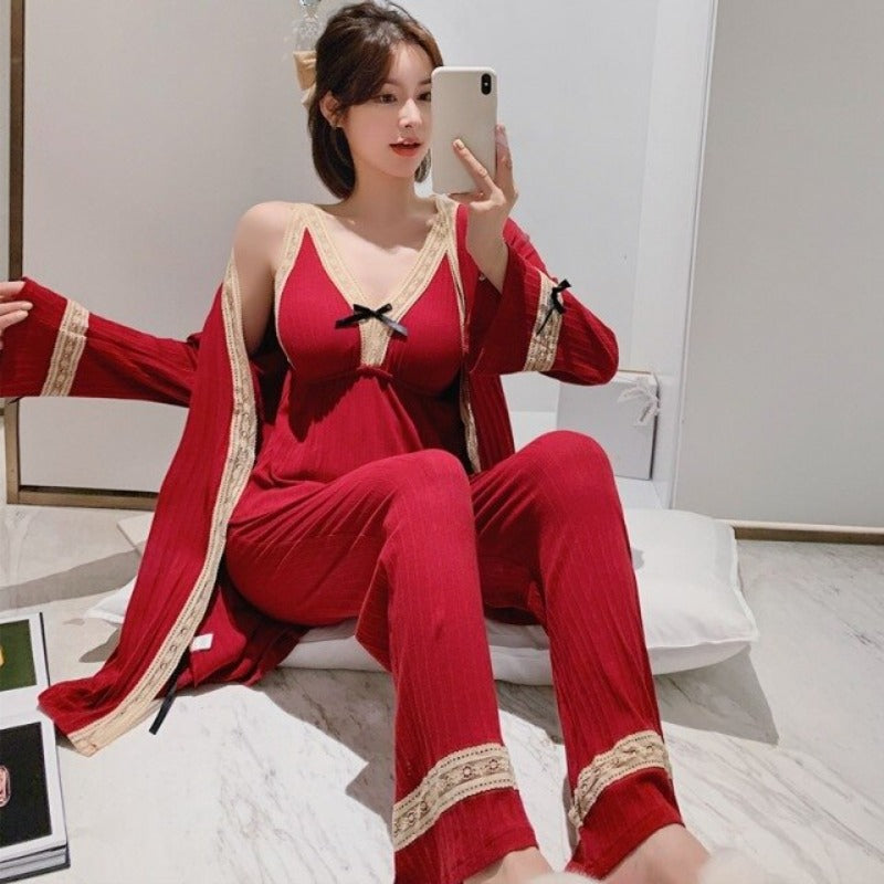 3 Piece Cotton Pajamas Suit Women Sleepwear-Original Pajamas