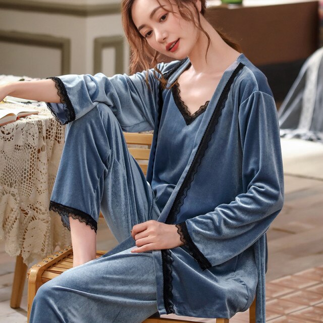 Velour 3 Pieces Pajamas Suit Autumn Winter Sleepwear-Original Pajamas
