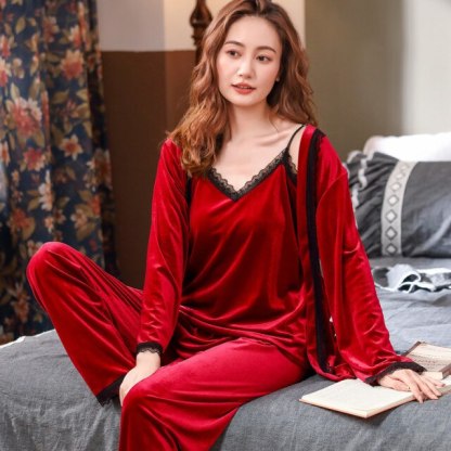 Velour 3 Pieces Pajamas Suit Autumn Winter Sleepwear-Original Pajamas