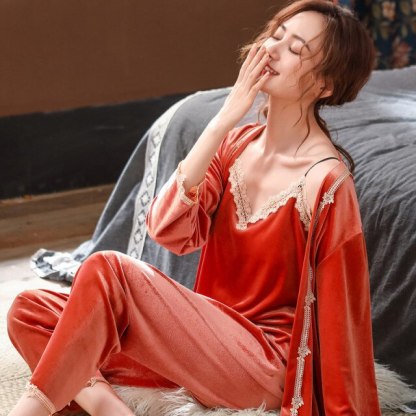 Velour 3 Pieces Pajamas Suit Autumn Winter Sleepwear-Original Pajamas