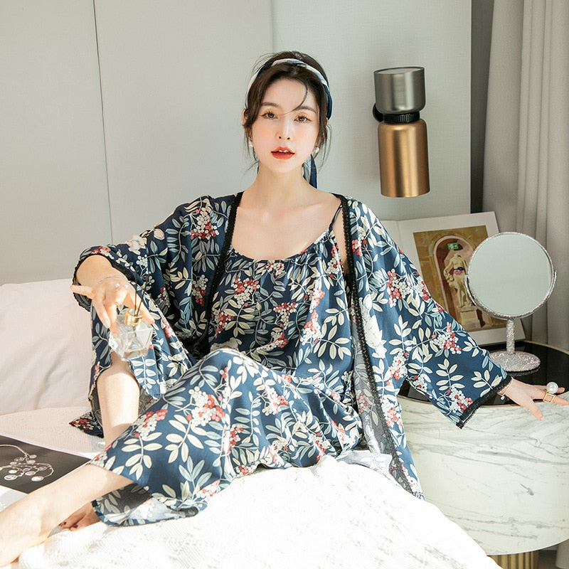 3 Piece Cotton Printed Sleepwear Lace Spring Collection With Robe-Original Pajamas
