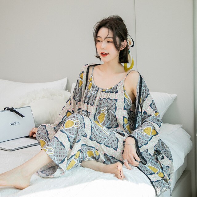 3 Piece Cotton Printed Sleepwear Lace Spring Collection With Robe-Original Pajamas