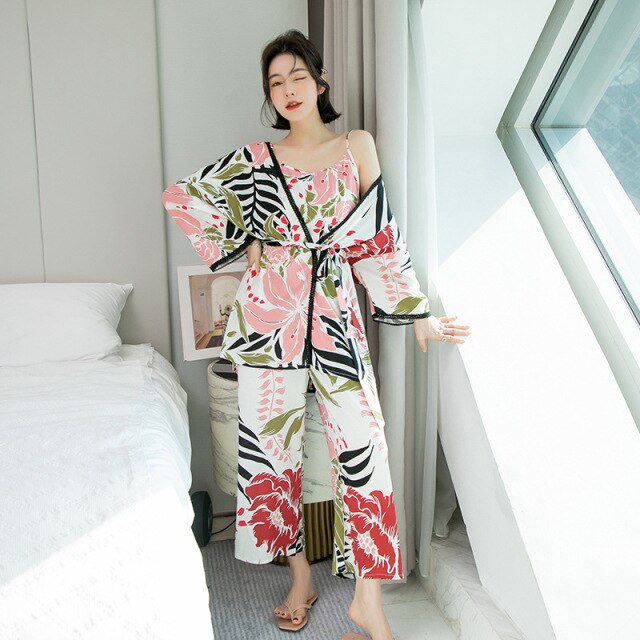 3 Piece Cotton Printed Sleepwear Lace Spring Collection With Robe-Original Pajamas