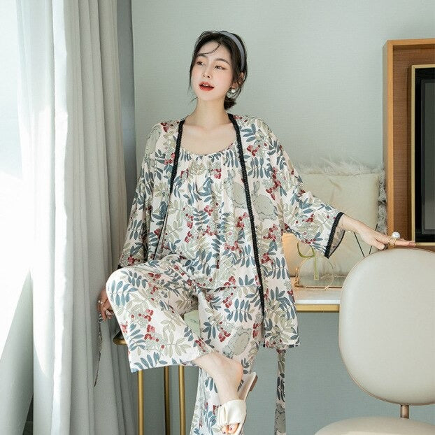 The Printed Calf length Pajama 3 Piece Set Women-Original Pajamas