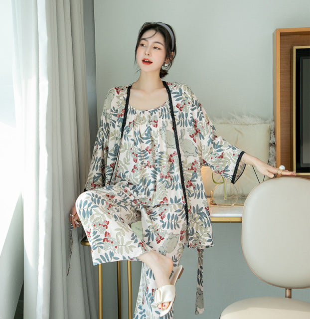 3 Piece Cotton Printed Sleepwear Lace Spring Collection With Robe-Original Pajamas